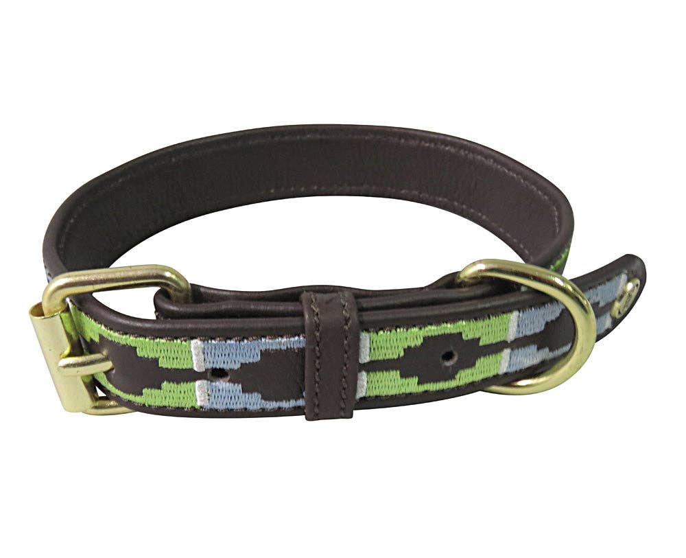 Dog Collar - Leather- Aztec-Brown/Cashmere Blue/Lime Green / Medium